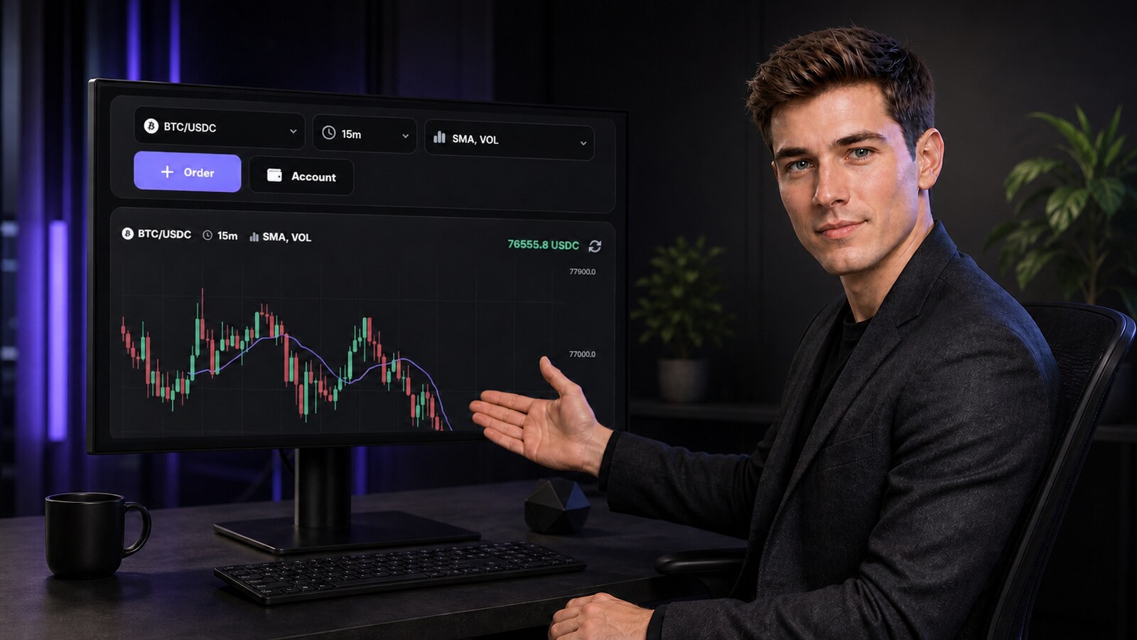 blockfunded digital analyst seated beside a desktop monitor and explaining the trading interface
