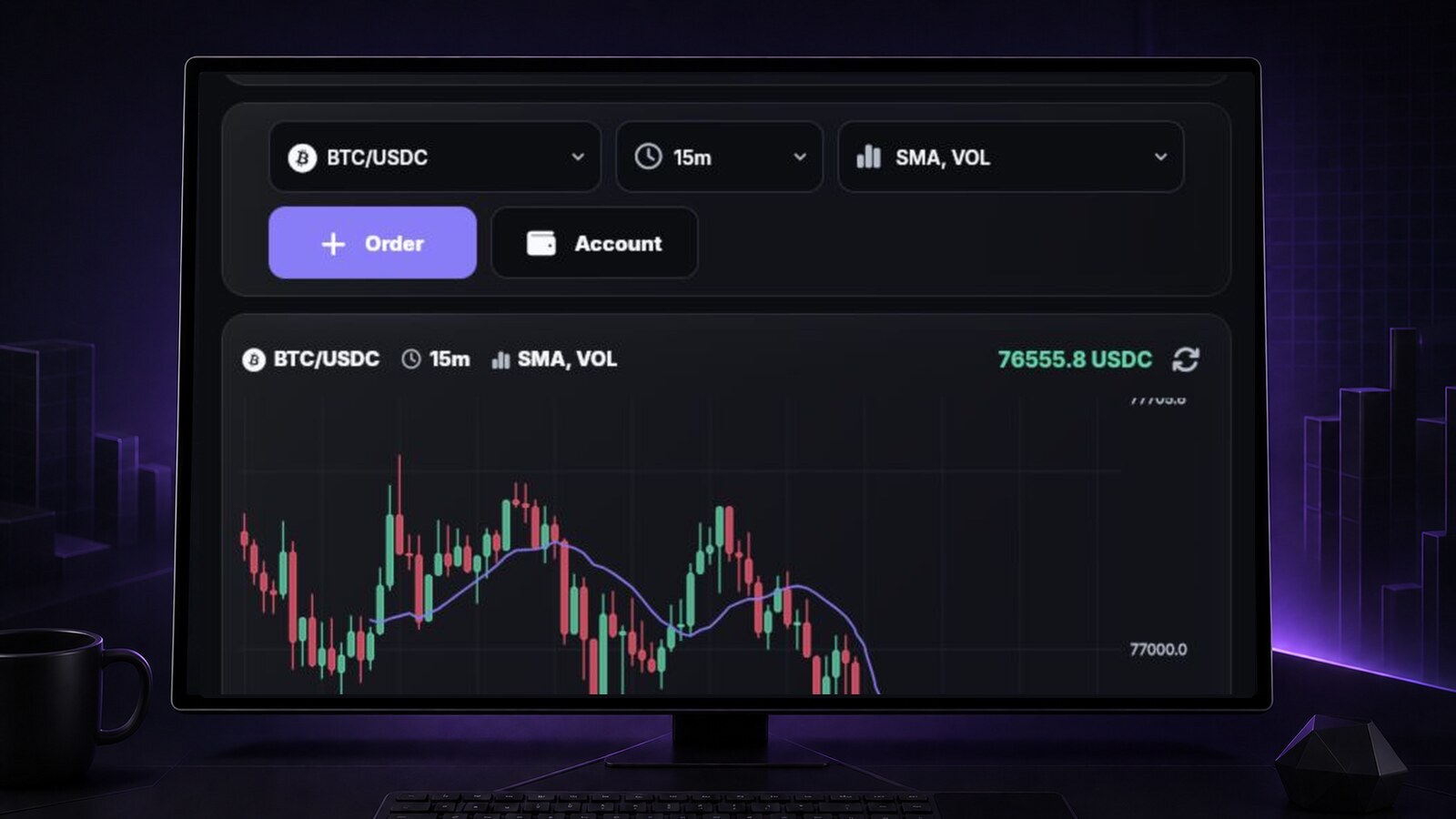 Authentic blockfunded Trading Portal app showing BTC/USDC candlesticks and order controls
